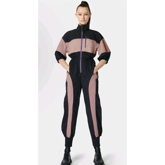 Sweaty Betty Pants - Sweaty Betty‎ Colorblock Nylon Jumpsuit 10 Night Black Windbreaker Athleisure
